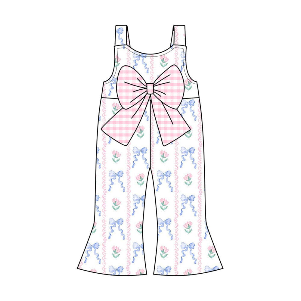 preorder SR2662 pink flowers blue bows with pink bow girls jumpsuits