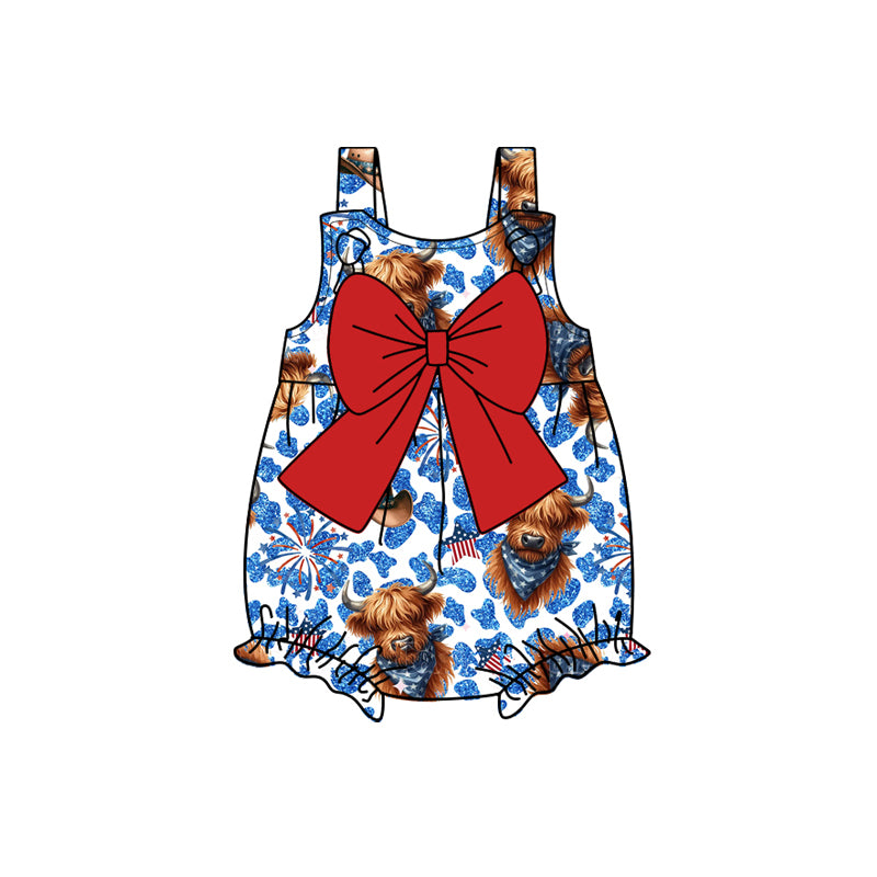 preorder SR2663 July 4th highland cow blue leopard with bow girls romper