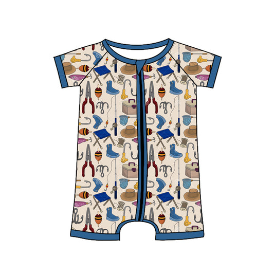 preorder SR2721 Hunting fishing navy blue short sleeve zipper boys romper