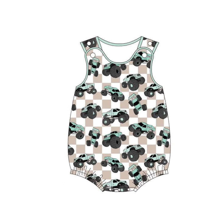 preorder SR2742 car truck khaki checkered sleeveless boys romper