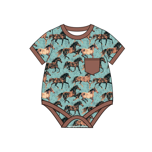 preorder SR2746 Western horse blue pocket short sleeve boys romper