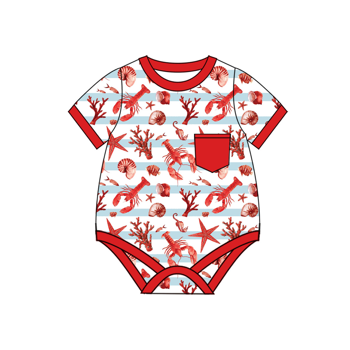 preorder SR2748 shell crayfish red pocket short sleeve boys romper