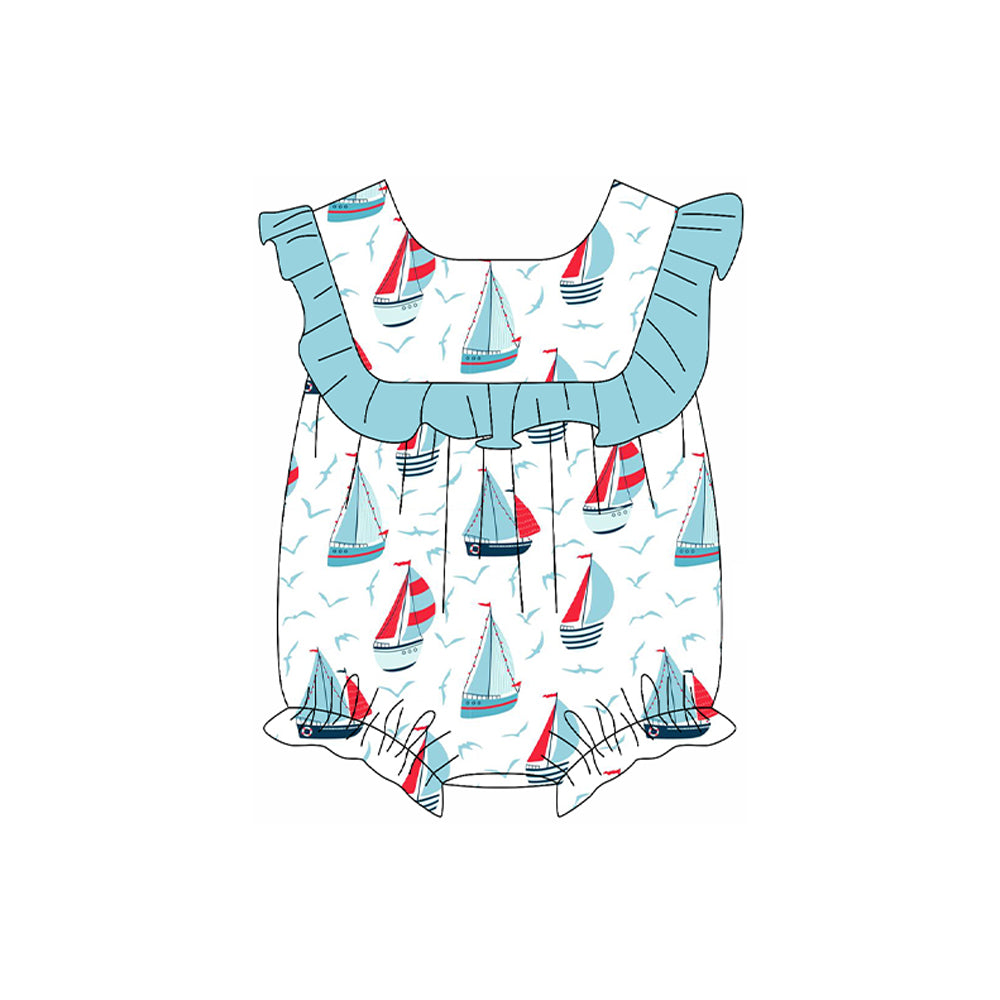 preorder SR2773 blue cartoon sailboat ruffles sleeve girls romper