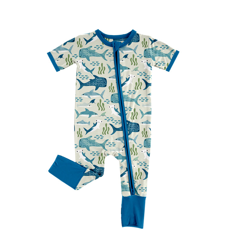 preorder SR2777 cartoon whale blue short sleeve zipper boys romper