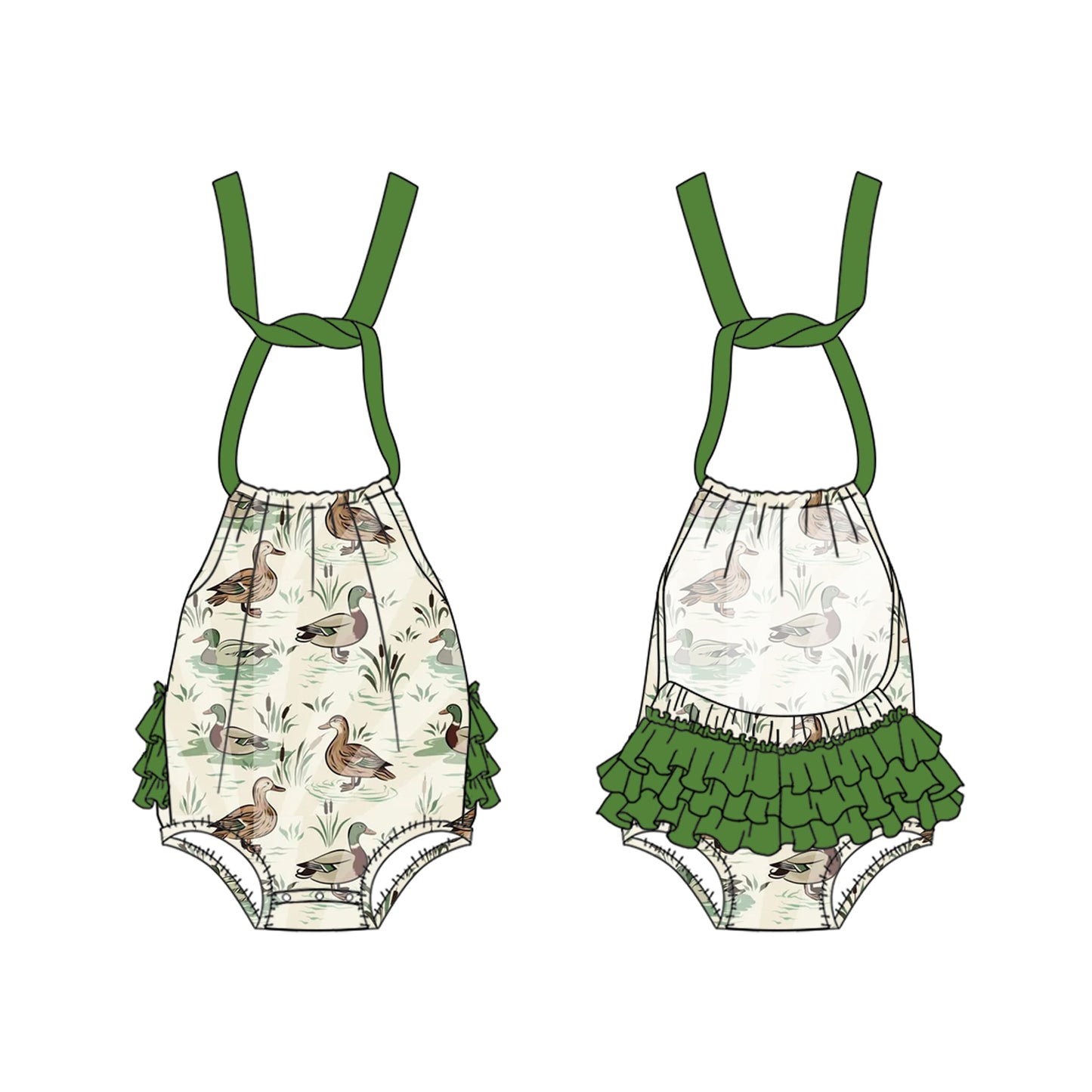 preorder SR2779 hunting mallard duck green lace-up girls romper