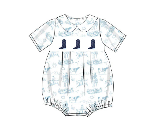 preorder SR2781 Western boot rodeo navy blue short sleeve girls romper