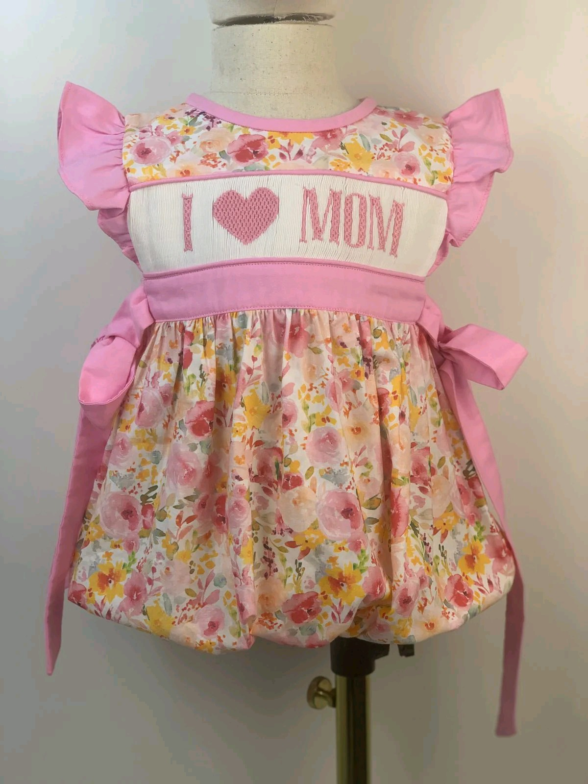 preorder SR2793 i love mom pink flowers bows flutter sleeve girls romper