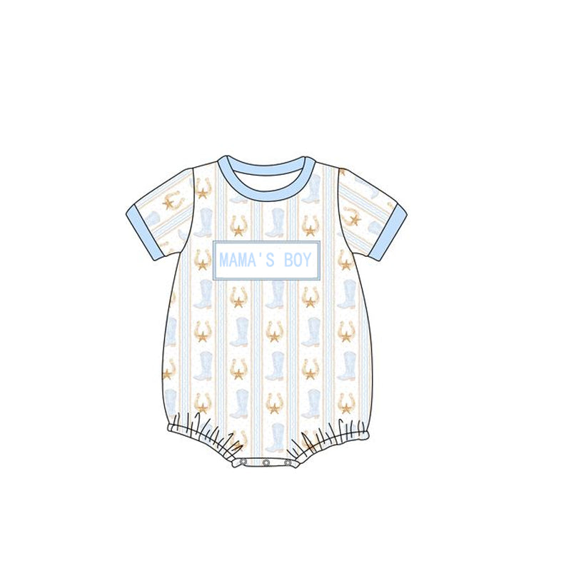 custom moq 3 Western mama's boy boot star blue short sleeve boys romper