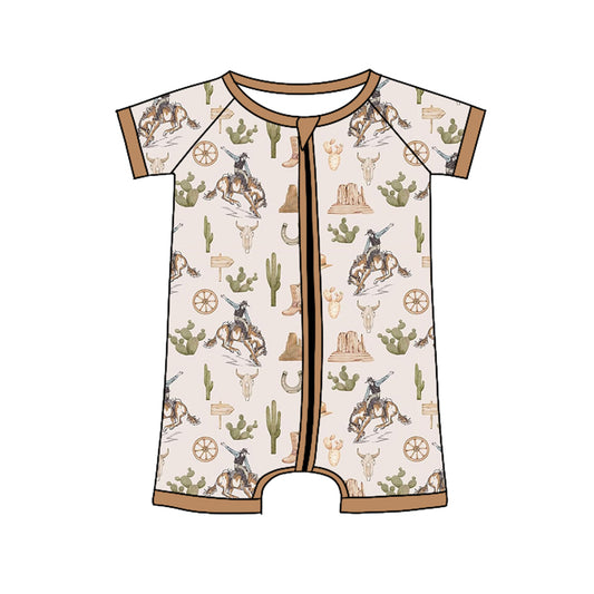 preorder SR2852 Western rodeo brown short sleeve zipper boys romper