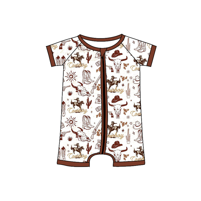 preorder SR2871 Western rodeo cow boot brown short sleeve zipper boys romper