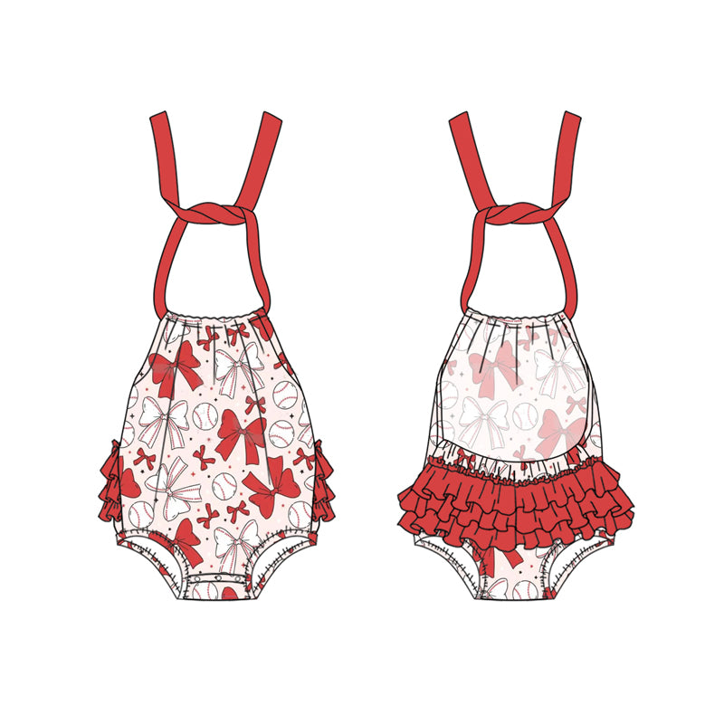 preorder SR2885 baseball red bows ruffles girls romper
