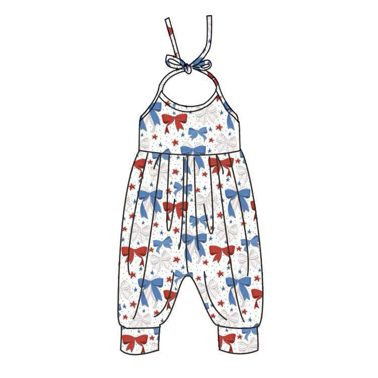 preorder SR2889 July 4th red blue bows girls romper