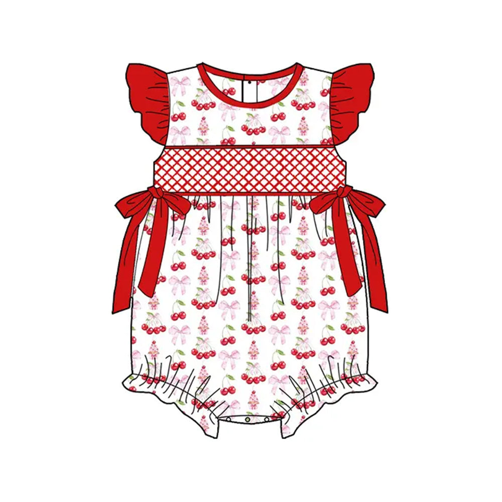 preorder SR2925 red cherry pink bows red flutter sleeve girls romper