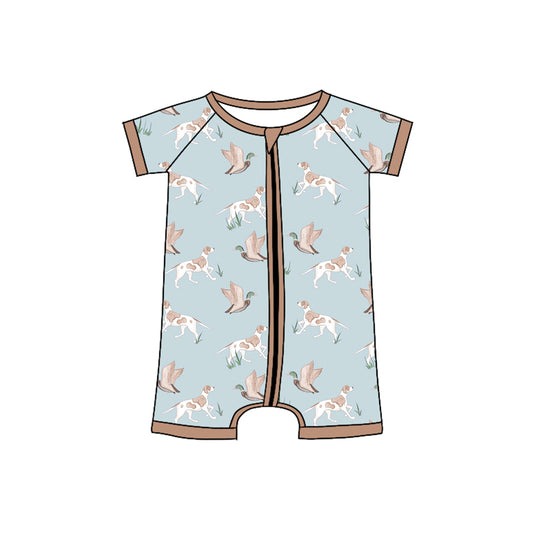 preorder SR2936 hunting dog mallard duck blue zipper short sleeve boys romper