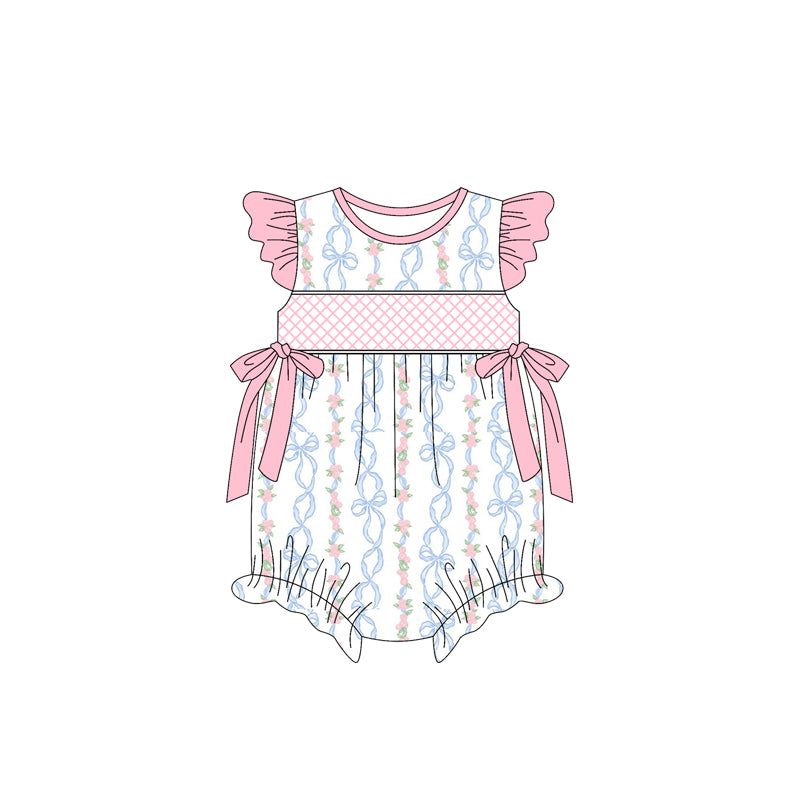 preorder SR2952 pink flowers blue bows flutter sleeve girls romper