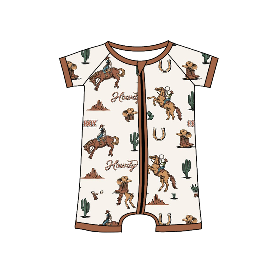 preorder SR2971 Western rodeo cowboy cactus short sleeve zipper boys romper