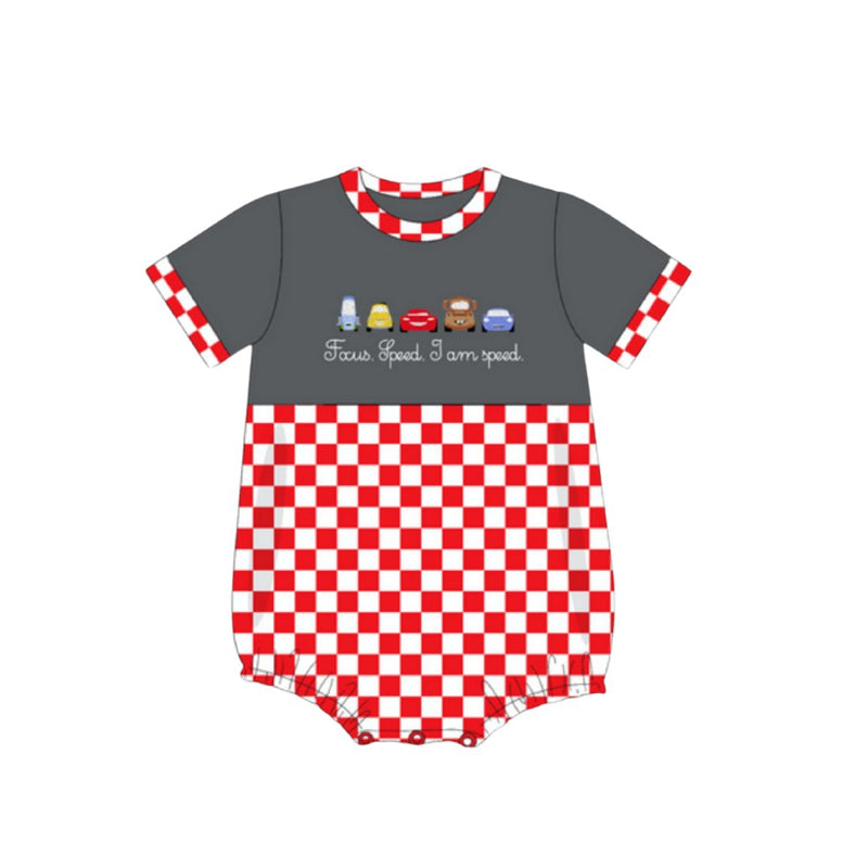 preorder SR3030 cartoon car grey short sleeve red checkered boys romper