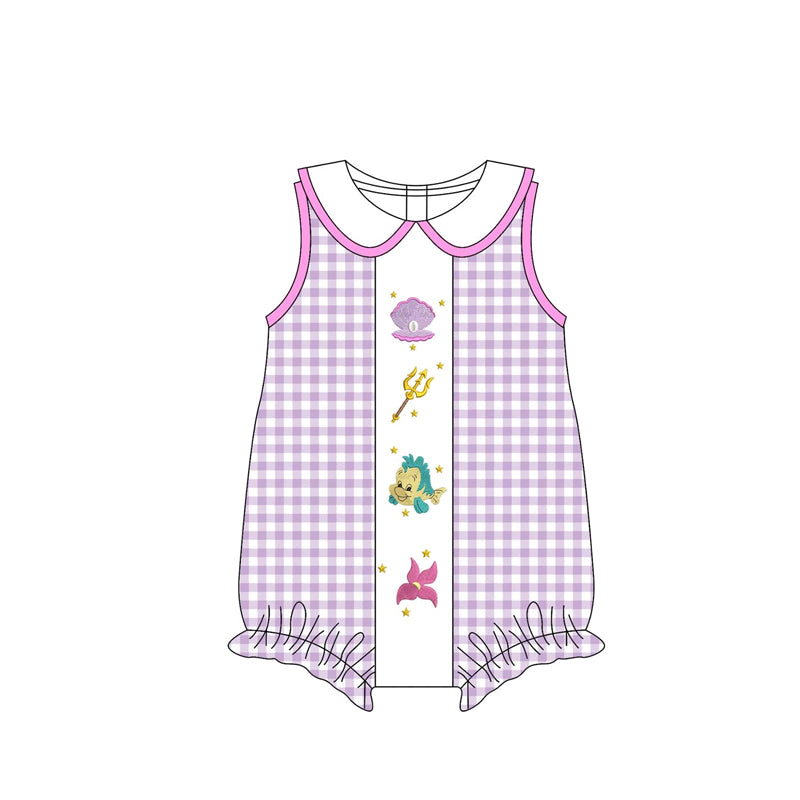 preorder SR3033 cartoon shell fish mermaid purple checkered sleeveless girls romper