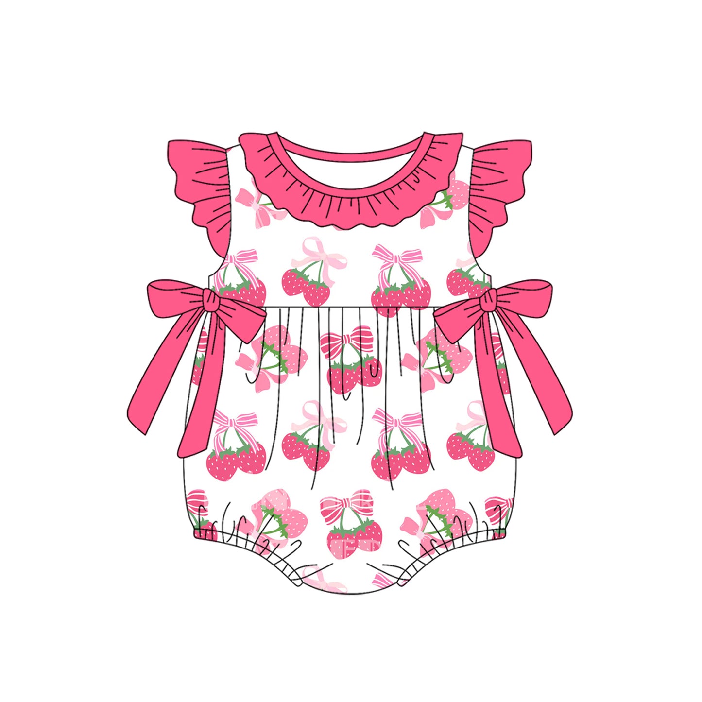 preorder SR3059 strawberry bows hot pink flutter sleeve girls romper