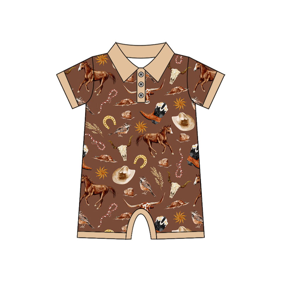 preorder SR3076 Western horse cow brown short sleeve boys romper