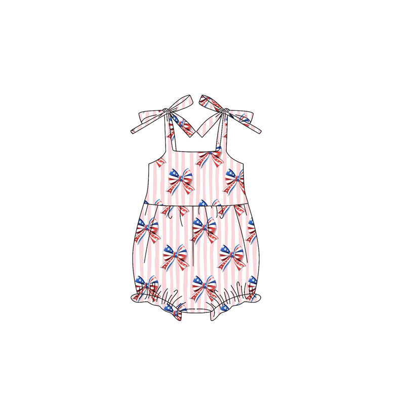 preorder SR3081 July 4th flag bows pink striped girls romper