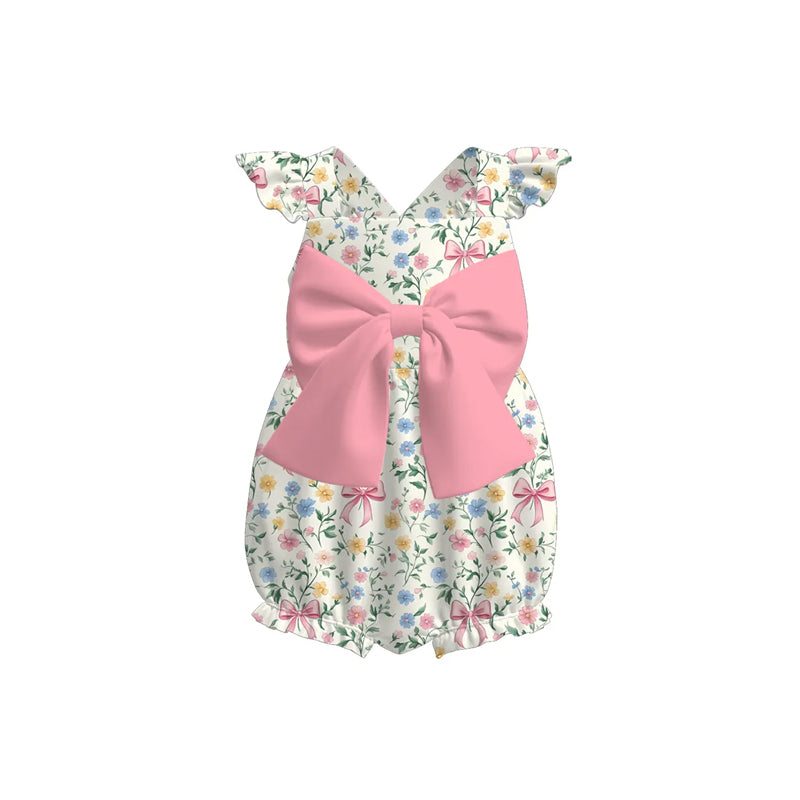 preorder SR3082 colorful flowers with pink bow flutter sleeve girls romper