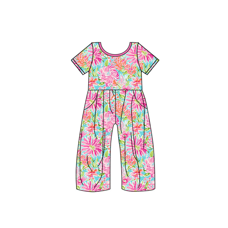 preorder SR3088 hot pink flowers short sleeve girls jumpsuits