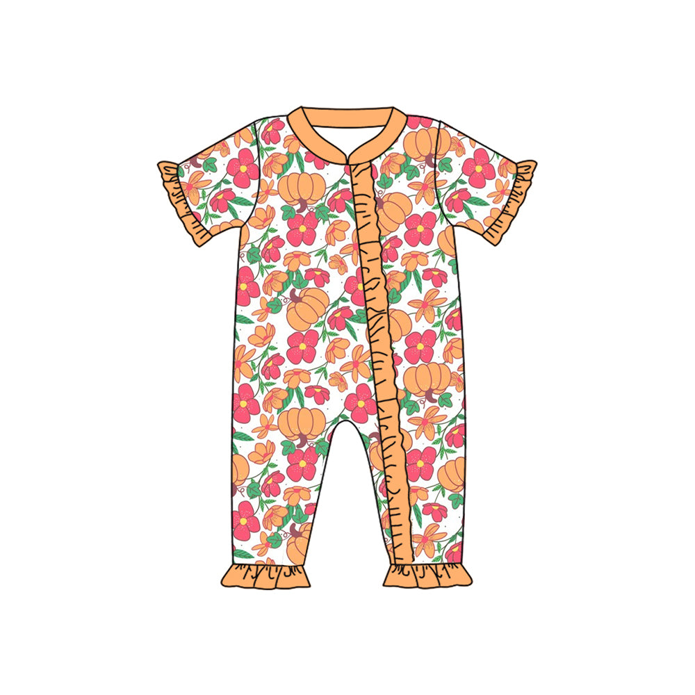 preorder SR3096 pumpkin flowers orange pink short sleeve zipper girls romper