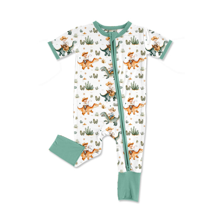 preorder SR3097 Western rodeo dinosaur cactus short sleeve zipper boys romper