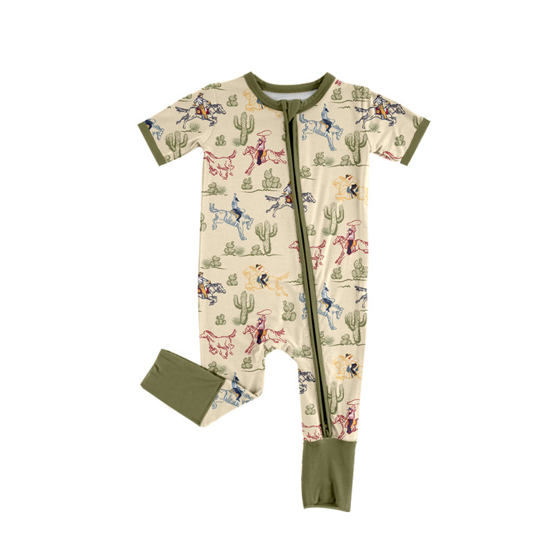 preorder SR3099 Western rodeo cactus green short sleeve zipper boys romper