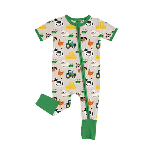 preorder SR3108 farm tractor animals green short sleeve  zipper boys romper