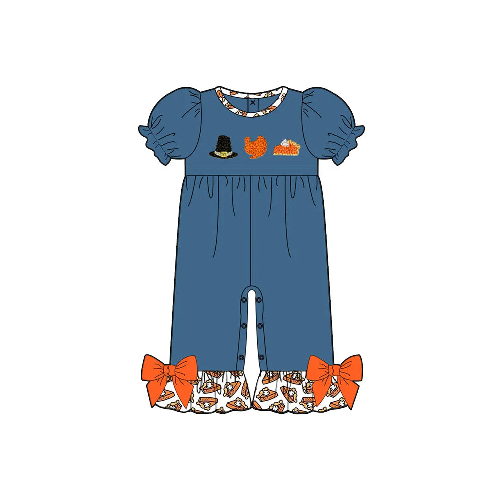 preorder SR3110 Thankgiving hat turkey pie blue short sleeve girls romper