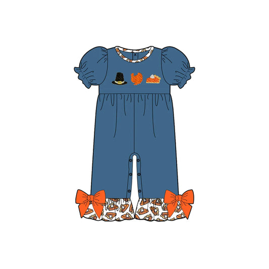 preorder SR3110 Thankgiving hat turkey pie blue short sleeve girls romper