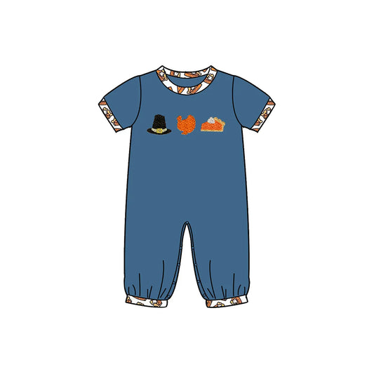 preorder SR3111 Thankgiving hat turkey pie blue short sleeve boys romper