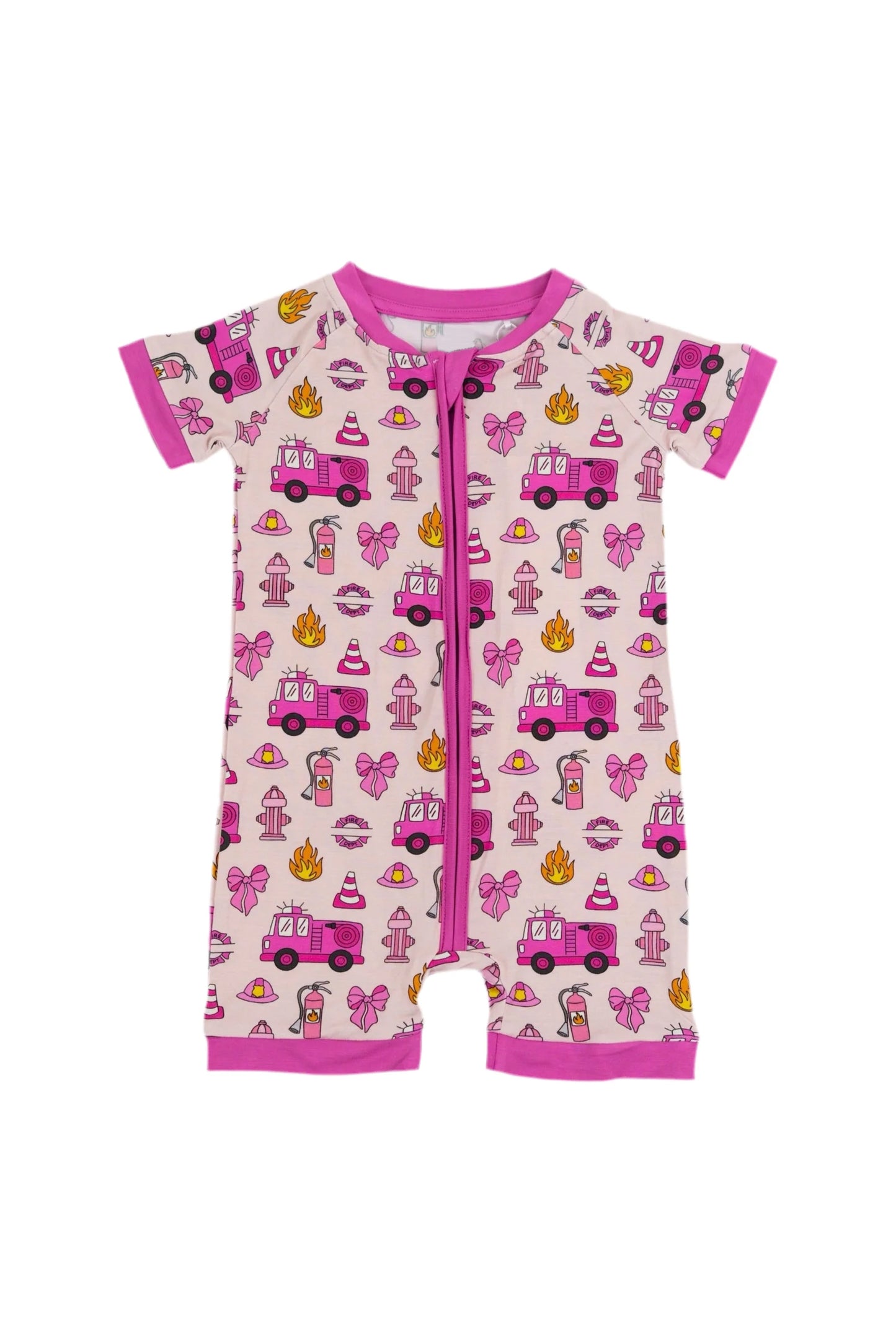 preorder SR3131 fire truck hot pink zipper short sleeve girls romper