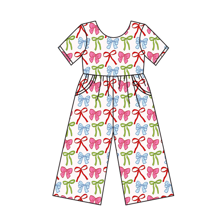 preorder SR3145 colorful bows green pink bows short sleeve girls jumpsuits