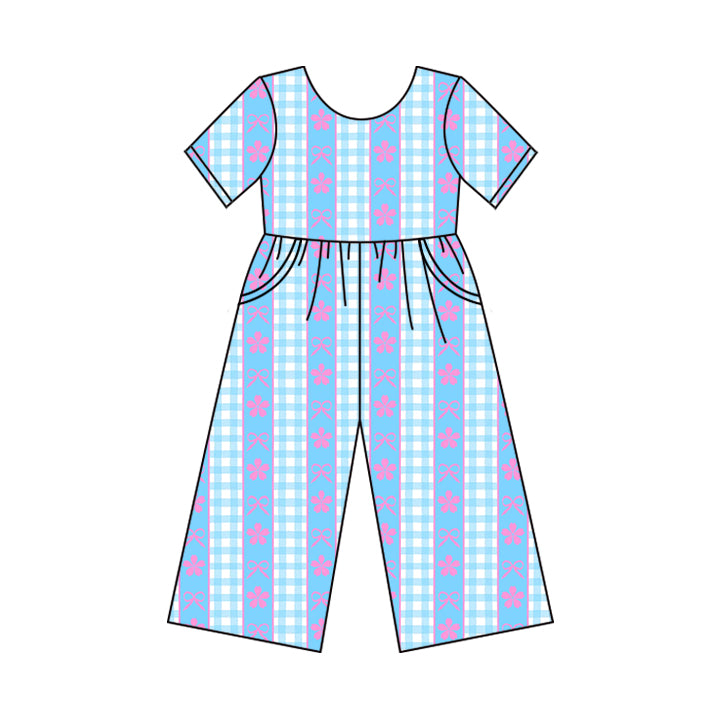 preorder SR3146 blue checkered pink bows flowers short sleeve girls jumpsuits