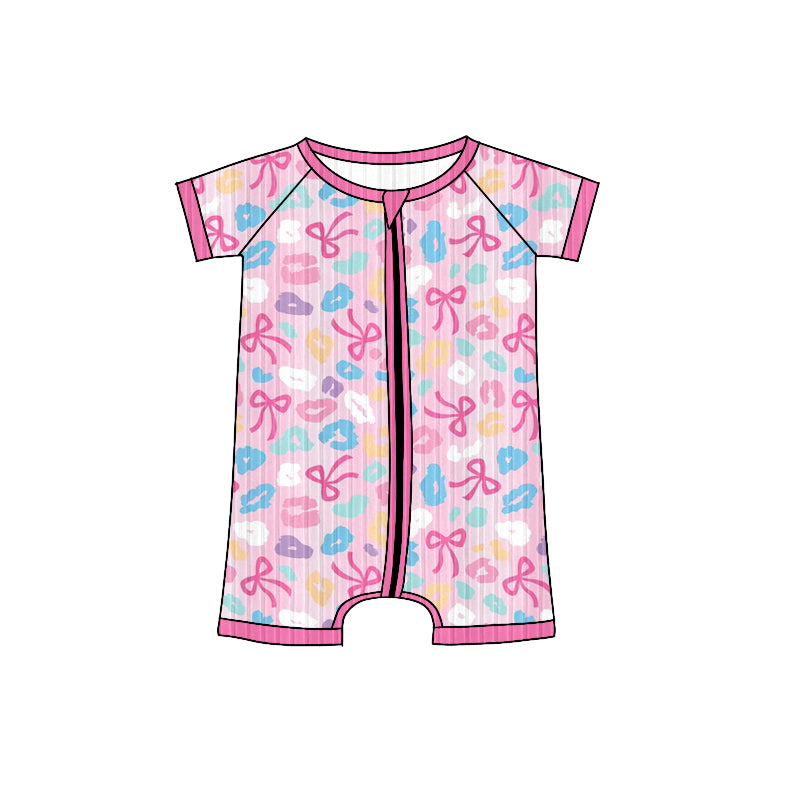 preorder SR3165 ribbed colorful bows leopard hot pink short sleeve zipper girls romepr