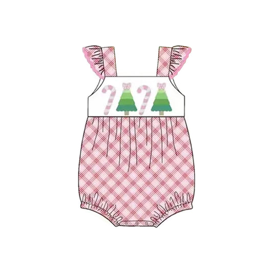 preorder SR3168 Christmas candy cane tree pink checkered flutter sleeve girls romper