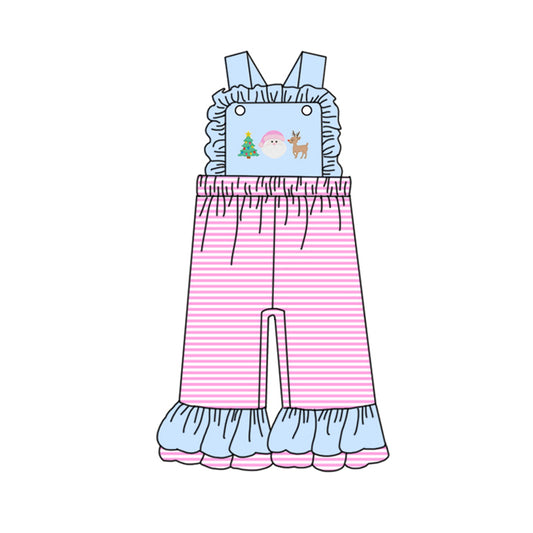 preorder SR3179 Christmas Santa deer tree blue pink striped girls jumpsuits