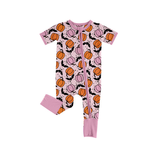 preorder SR3185 Halloween spooky season bat pumpkin pink zipper short sleeve girls romper