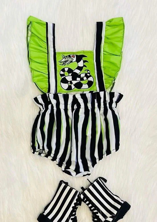 preorder SR3234 Halloween black/green striped flutter sleeve girls romper