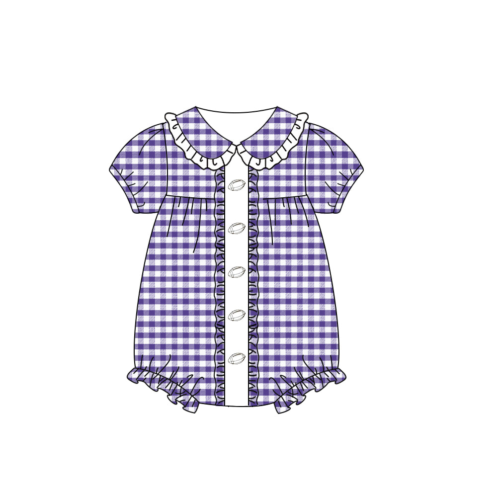 preorder SR3208 football purple checkered short sleeve girls romper