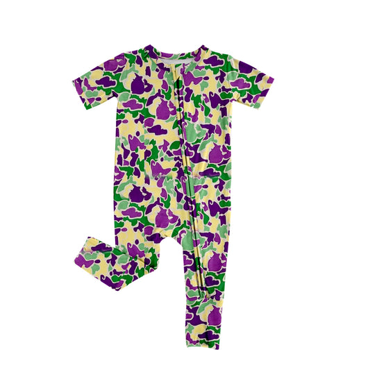Custom moq 20 bamboo Mardi Gras purpe yellow green zipper short sleeve boys romper