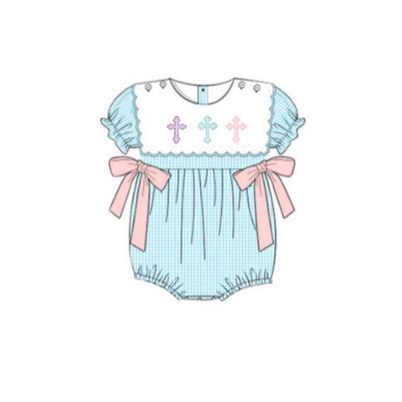 preorder SR3214 Easter cross bows blue short sleeve girls romper