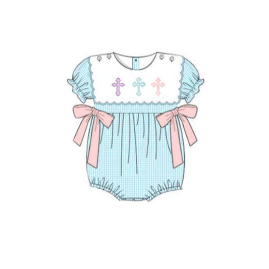 preorder SR3214 Easter cross bows blue short sleeve girls romper