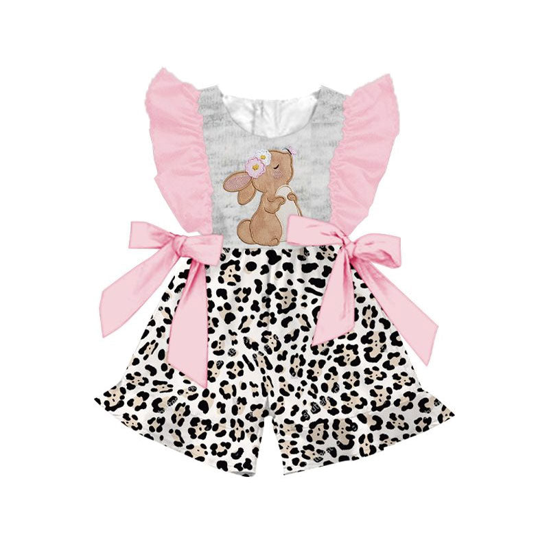 preorder SR3217 cute bunny rabbit pink bows leopard flutter sleeve girls romper
