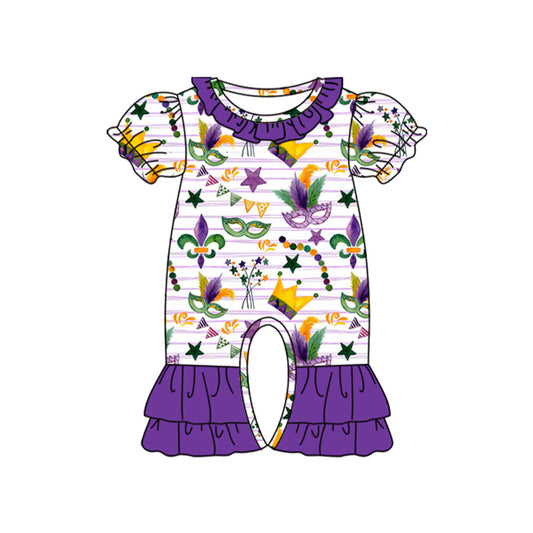 preorder SR3224 Mardi Gras yellow purple green mask short sleeve girls romper