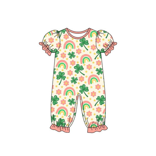 preorder SR3225 St Patrick clover flowers rainbow pink short sleeve girls romper