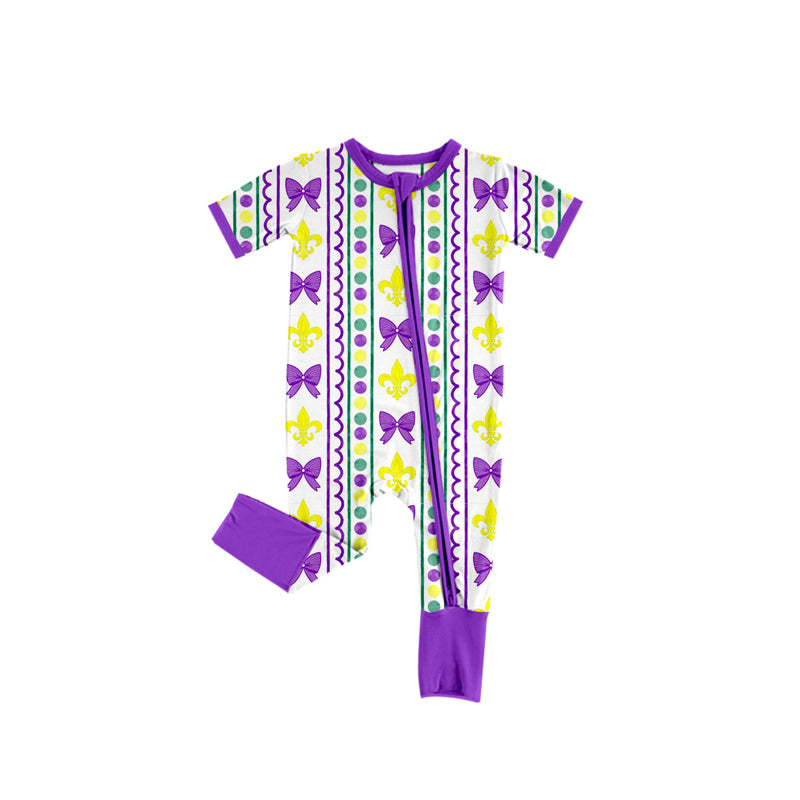 preorder SR3229 Mardi Gras yellow purple green bows dot zipepr short sleeve girls romper